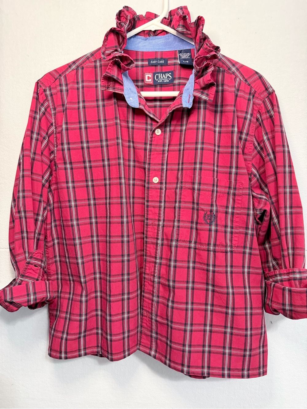 Ruffle collar Upcycled Chaps Red/Navy/White Plaid Button-Down Shirt